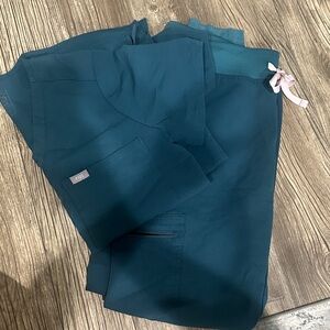 Figs Caribbean Blue Jogger Pants and Scrub Top Pair with Pink Accent